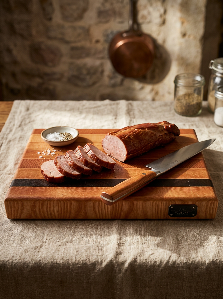 Handcrafted wooden board with serving food